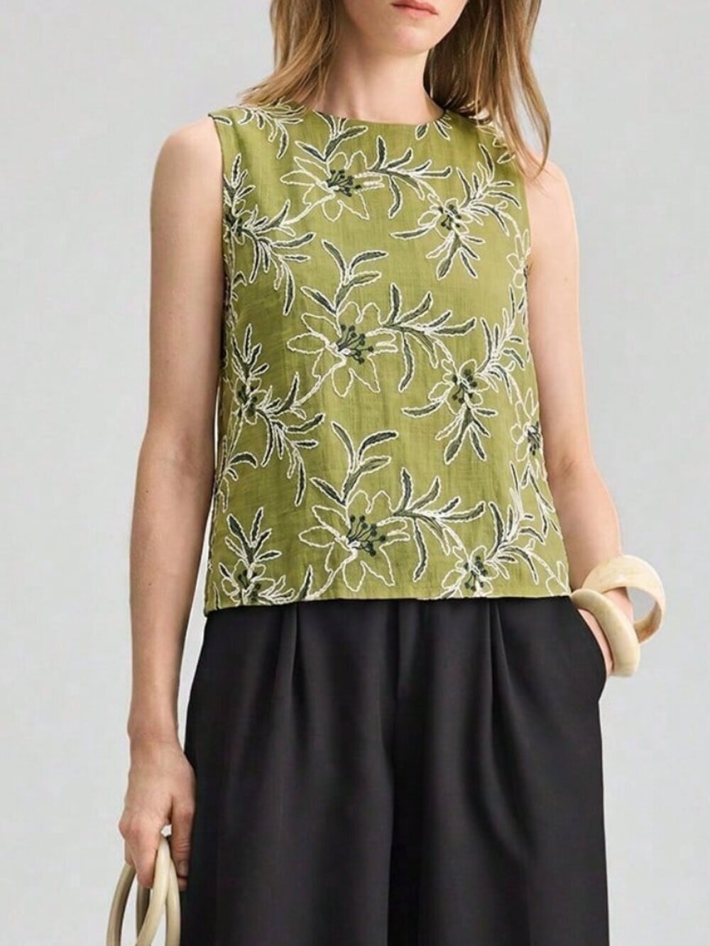 Army Green Boho Women's Elegant Embroidered Tank Top - Picture 3 of 6